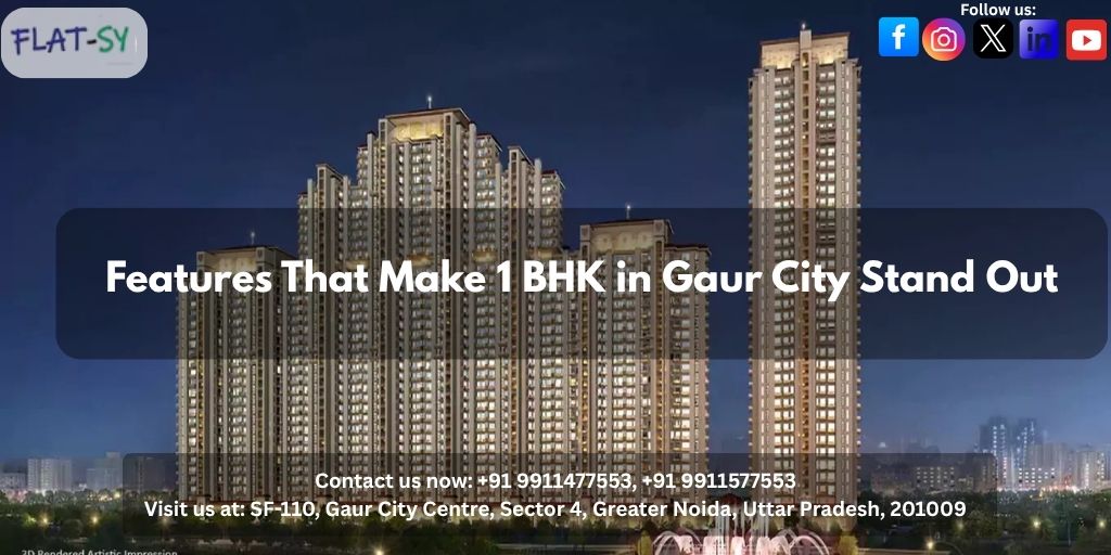 High-rise residential towers in Gaur City at night with text overlay highlighting features of 1 bhk Flats in Gaur City for rent or sale; Flatsy branding and contact details visible.