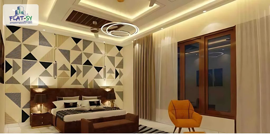 Villa in Noida Extention Modern luxury villa bedroom interior with geometric accent wall, elegant lighting, large window with curtains, and cozy furnishings, showcased by Flatsy.